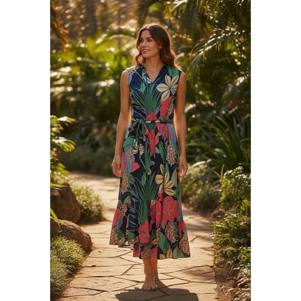 Talbots Dress Size 14‎ Floral Maxi Sleeveless High Low Belted Blue Pink Beachy